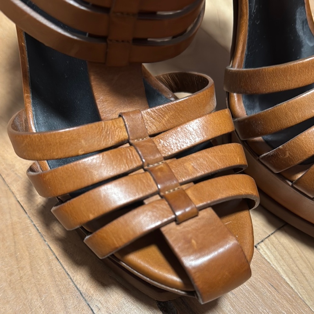 Saint Laurent Tan Strappy Platform Sandals - Picture 6 of 7